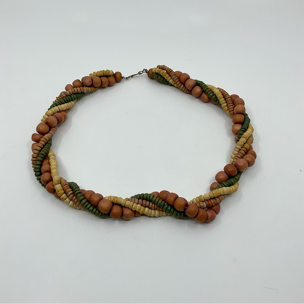 Vintage 70s Multi-Strand Twisted Wooden Bead Necklace Boho Artisan Chunky Earthy